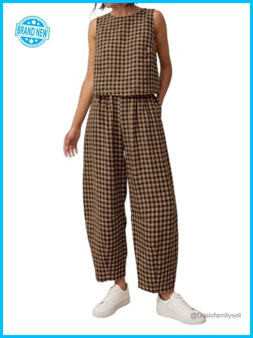 Womens 2 Piece Plaid Cotton Lounge Set Sleeveless Top Wide Leg Pants